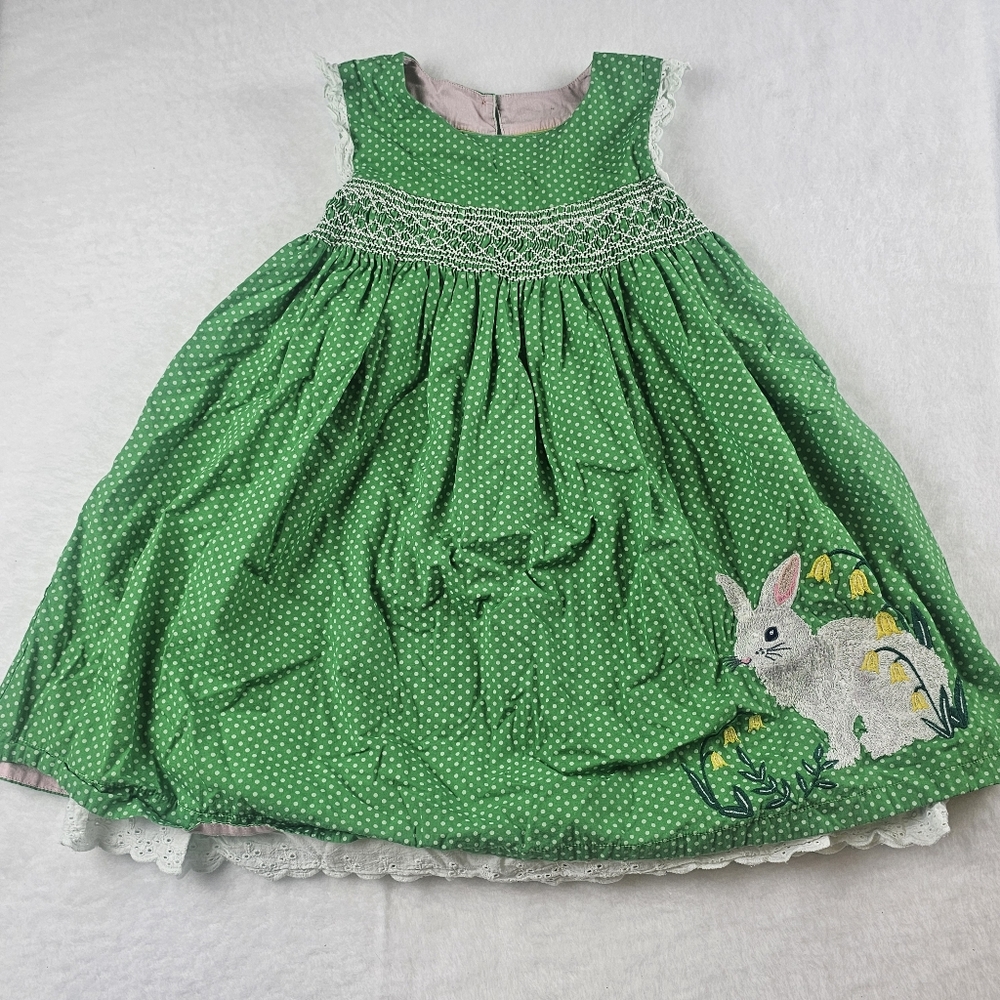 Mini Boden 7-8Y Polka Dot Green Smocked Bunny Dress Easter Layer Ruffles Spring